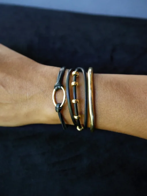 Black And Gold Leather Bracelet