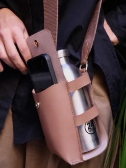 Leather Bottle Bag with Pocket and Bottle