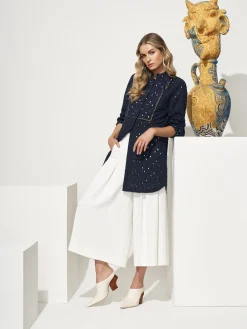 Stretch Base Wide Pleated Pants With Side Zip